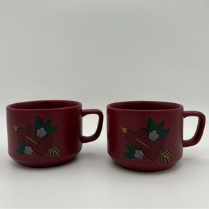 Set of Two STARBUCKS 2018 Hearts with Arrow Matte Dark Red Coffee Mugs